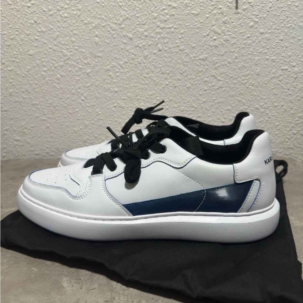 Karl Lagerfeld Paris Men Sz 11.5 Leather Casual Shoes White Blue Low Top Sneaker